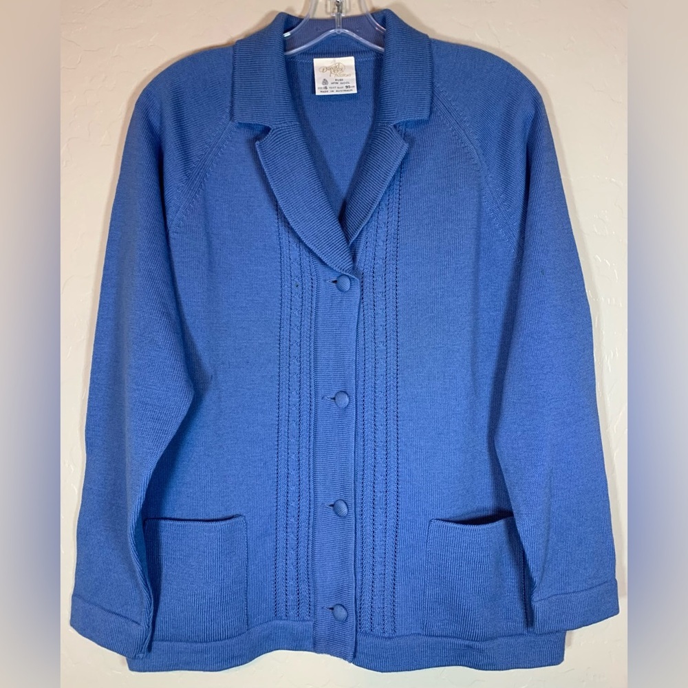 David Key 100% Wool Vintage Cardigan‎ 16 Blue Varsity 60s Pockets Buttons 0702